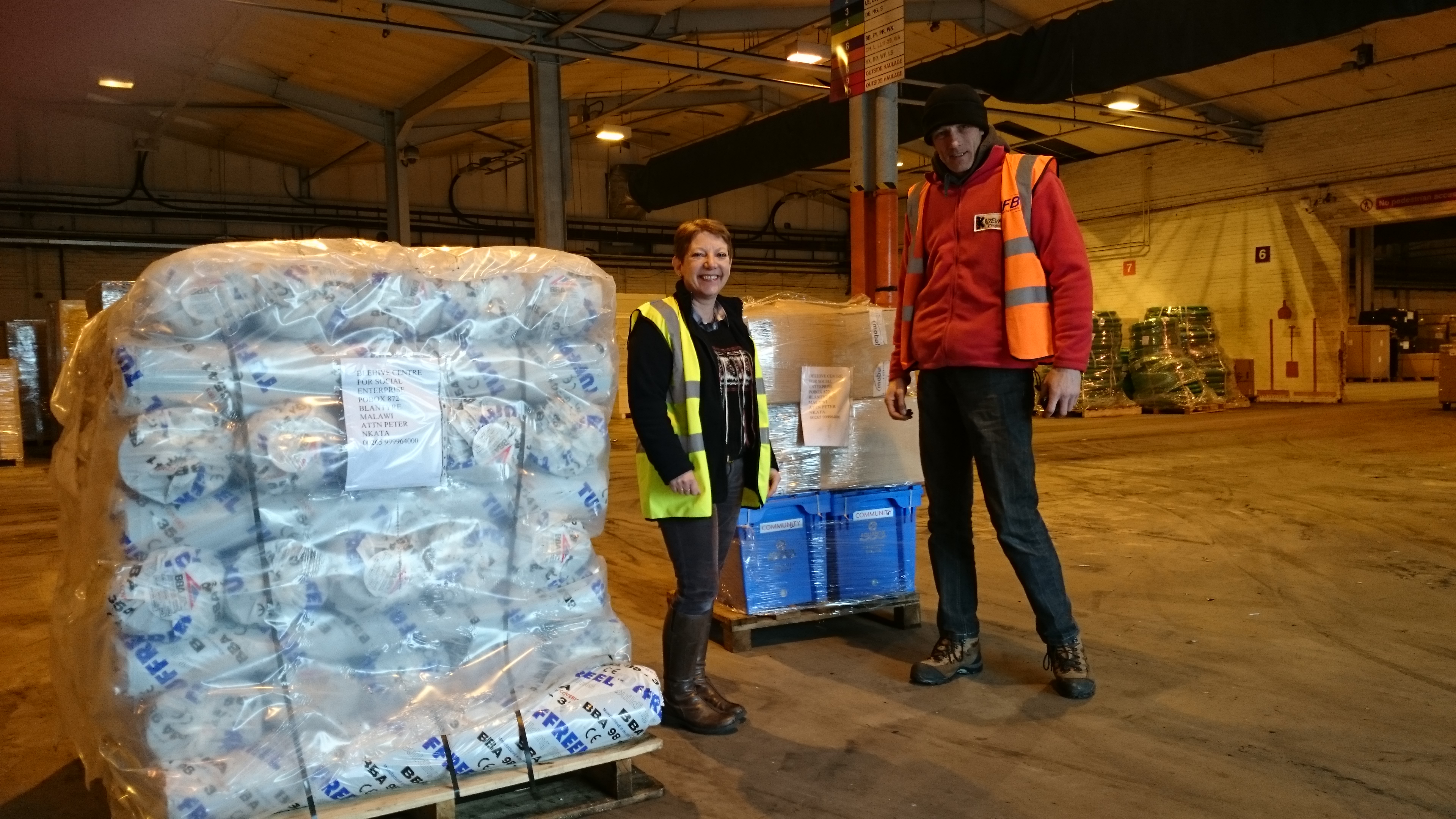 Donated plastic sheeting for temporary roofing and water purification equipment