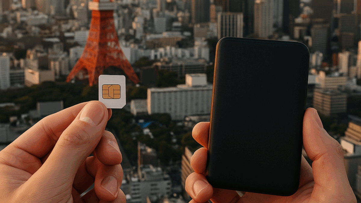 A person holding a Japan SIM Card and pocket WiFi in Japan