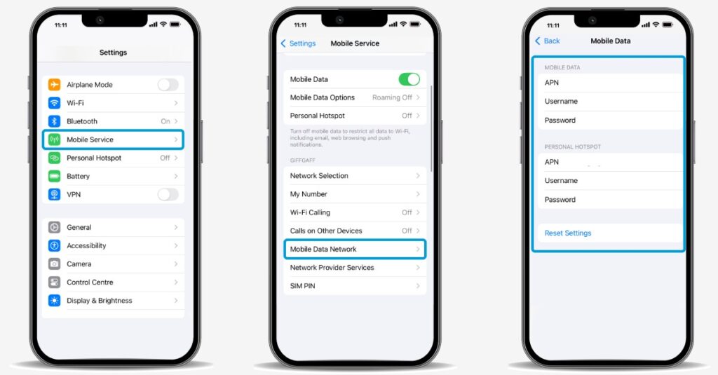 Picture of three phones displaying the APN settings