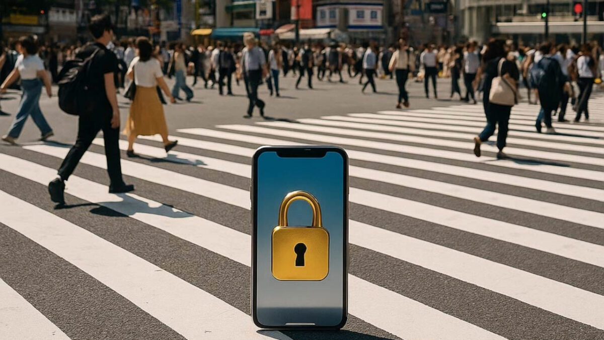 The picture is a phone sitting on the Shibuya crossing with pedestrians crossing. The phone has a padlock on it, showing the phone is locked.