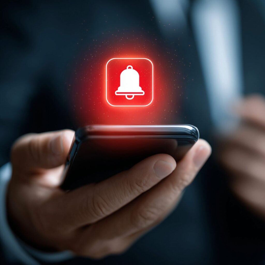 The image shows a man holding a mobile phone with an emergency alert on the phone.