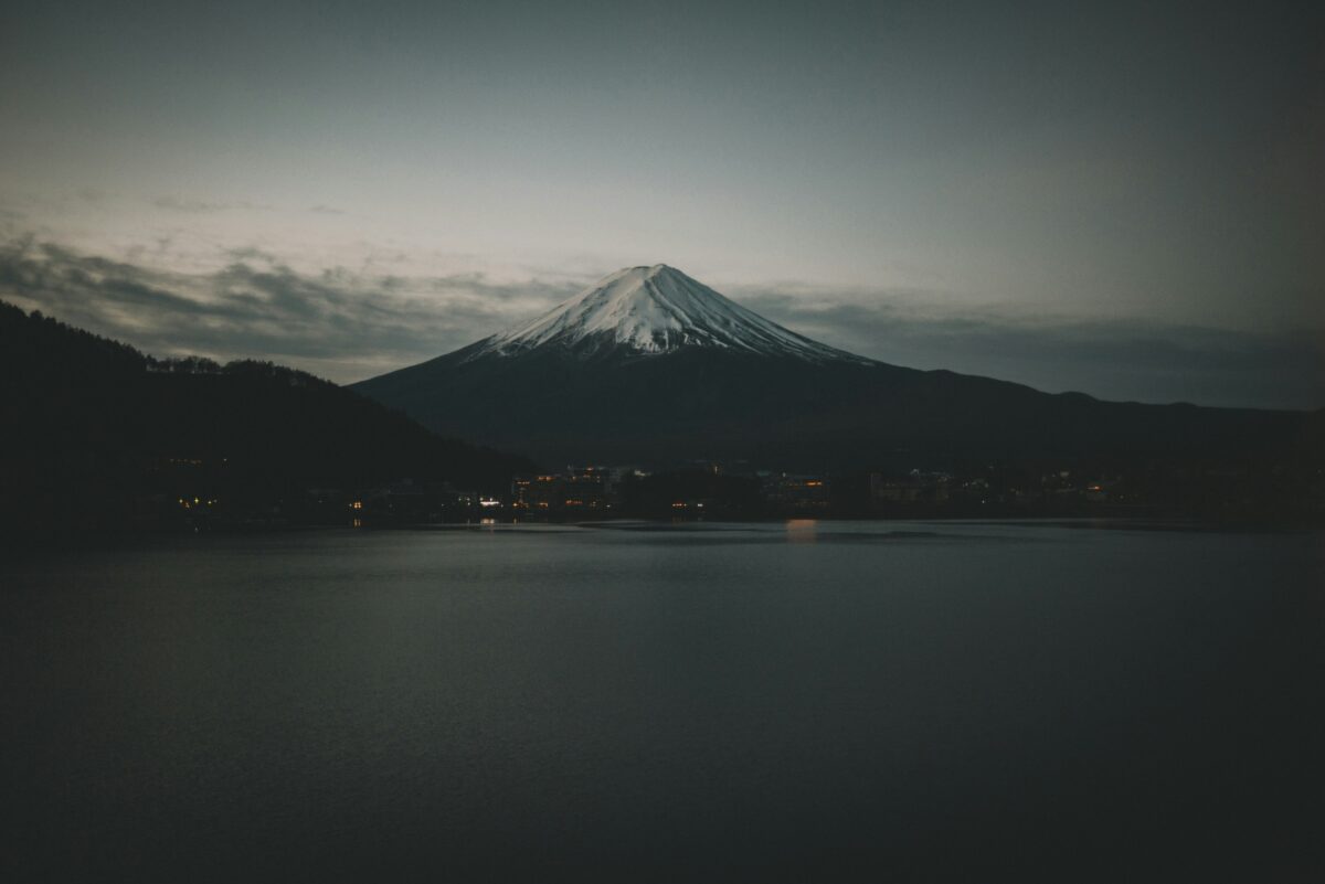 This image shows Mount Fuji at dusk