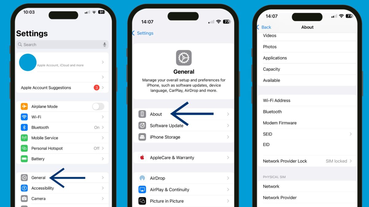 There are three iPhones placed side by side, each with an arrow indicating how to unlock the device.