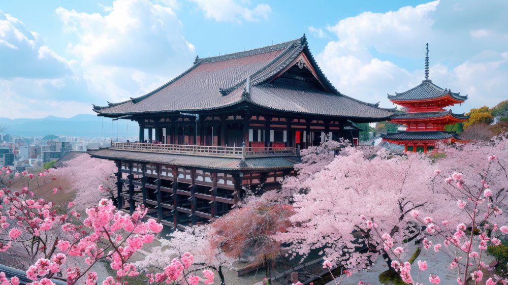 Kiyomizu-dera Temple in Kyoto surrounded by pink cherry blossom trees in full bloom during cherry blossom season in Japan