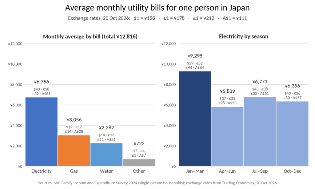 Chart of average monthly utility bills for one person in Japan: ¥12,816 in total, with electricity peaking at ¥9,295 from January to March